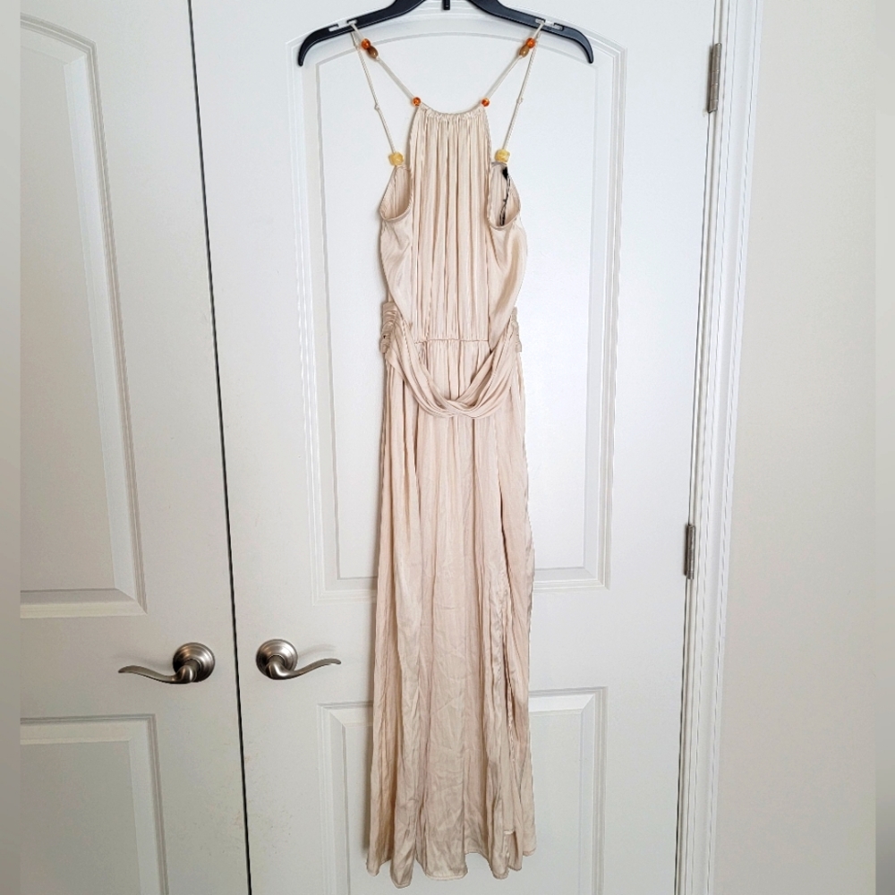 Zara Beige Cream Maxi Dress with Gathered Bodice